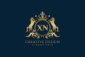 initial XN Retro golden crest with circle and two horses, badge template with scrolls and royal crown - perfect for luxurious branding projects vector