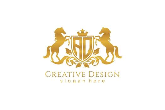 initial AQ Retro golden crest with shield and two horses, badge template with scrolls and royal crown - perfect for luxurious branding projects vector