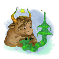 Cartoon cow needlewoman knits a Christmas tree from green threads. png
