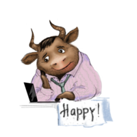 Cartoon bull working in the office writes letters online. png