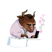 Cartoon bull working in the office writes letters online. png