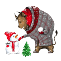 cartoon humanisierter großer stier in einem mantel spielt schneebälle mit einem kleinen schneemann. png