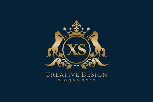 initial XS Retro golden crest with circle and two horses, badge template with scrolls and royal crown - perfect for luxurious branding projects vector