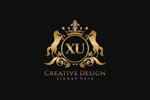 initial XU Retro golden crest with circle and two horses, badge template with scrolls and royal crown - perfect for luxurious branding projects vector