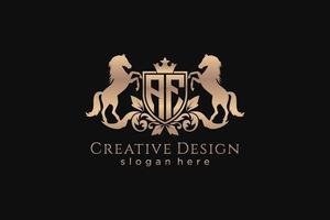 initial AF Retro golden crest with shield and two horses, badge template with scrolls and royal crown - perfect for luxurious branding projects vector