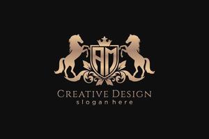 initial AM Retro golden crest with shield and two horses, badge template with scrolls and royal crown - perfect for luxurious branding projects vector