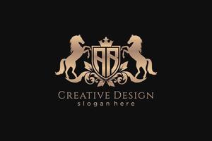 initial AR Retro golden crest with shield and two horses, badge template with scrolls and royal crown - perfect for luxurious branding projects vector