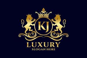 Initial KJ Letter Lion Royal Luxury Logo template in vector art for luxurious branding projects and other vector illustration.