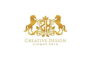 initial ZX Retro golden crest with shield and two horses, badge template with scrolls and royal crown - perfect for luxurious branding projects vector