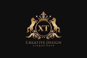 initial XT Retro golden crest with circle and two horses, badge template with scrolls and royal crown - perfect for luxurious branding projects vector