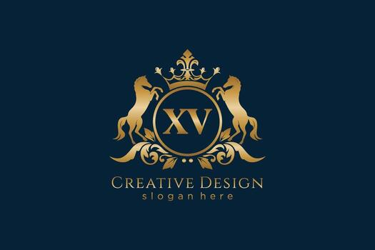 initial XV Retro golden crest with circle and two horses, badge template with scrolls and royal crown - perfect for luxurious branding projects vector