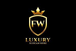 initial FW elegant luxury monogram logo or badge template with scrolls and royal crown - perfect for luxurious branding projects vector