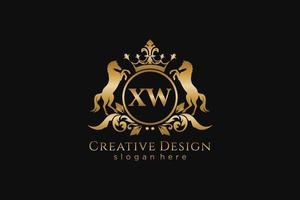 initial XW Retro golden crest with circle and two horses, badge template with scrolls and royal crown - perfect for luxurious branding projects vector