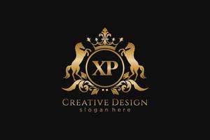 initial XP Retro golden crest with circle and two horses, badge template with scrolls and royal crown - perfect for luxurious branding projects vector