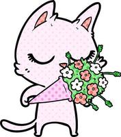 calm cartoon cat with flowers vector