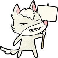 angry wolf cartoon with placard vector