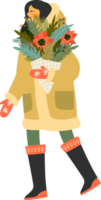 A woman in warm winter clothes with christmas bouquet goes to visit. png