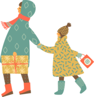 Eine Frau mit Kind in warmer Winterkleidung mit einem Geschenk geht zu Besuch. png