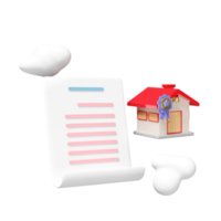 purchase contract, mortgage, real estate, house with certificate icon quality guarantee ribbon and star for award, float cloud isolated. 3d render illustration png