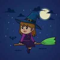 cute wtich riding magic broom flying fullmoon stars spooky halloween night vector