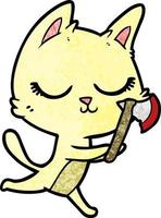 calm cartoon cat with axe vector