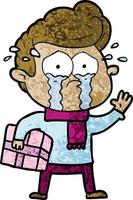 cartoon crying man with present vector