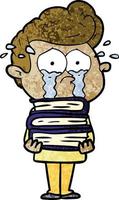 cartoon crying student with stack of books vector