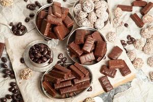 Dessert for christmas. Assortment of sweet confectionery with chocolate candies and pralines. photo