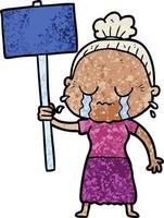 cartoon old woman crying while protesting vector