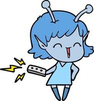 cartoon alien girl laughing with remote control vector