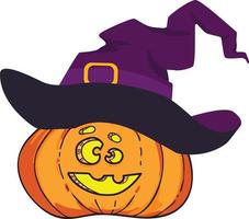 calabaza de halloween de dibujos animados con sombrero de bruja aislado vector