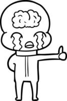 cartoon big brain alien crying but giving thumbs up symbol vector