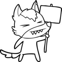 angry wolf cartoon with placard vector