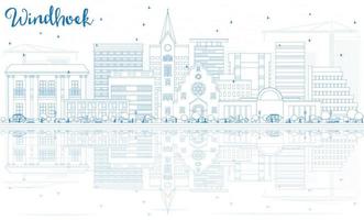 Outline Windhoek Skyline with Blue Buildings and Reflections. vector