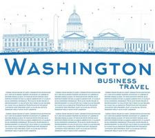 Outline Washington DC Skyline with Blue Buildings and Copy Space. vector