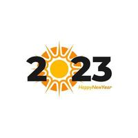 Happy New Year 2023 text with Sun design concept. Cover of business diary for 2023 with wishes. Brochure design template, card, banner. Vector illustration. Isolated on white background.