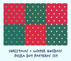 Christmas Polka Dot Designs Collection, Seamless Patterns. Winter Holidays Backgrounds Set, Vector EPS, Set of 6 Designs, Green And Red Background, Wrapping Paper, Textile and More.