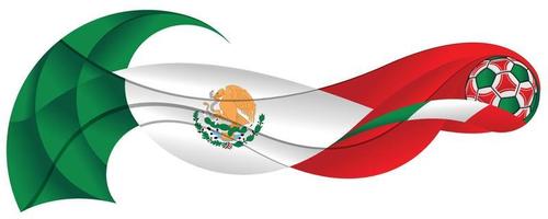 Balón de fútbol verde, blanco y rojo, dejando un rastro abstracto en forma de ondulado con los colores de la bandera de México sobre un fondo blanco. vector
