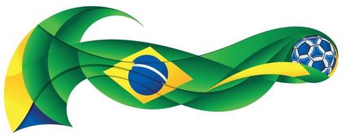 Green, blue and yellow soccer ball leaving a wavy trail with the colors of the Brazilian flag on a white background vector