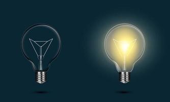 Set of realistic transparent light bulbs. Vector incandescent lamp with bright light. Glow and turn off electric incandescent lamps. Business innovation creative idea template. Vector illustration.