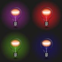 Realistic light bulb on a colored background.Red, purple, green and blue background. Vector incandescent lamp with bright light. Glow of electric incandescent lamps. Vector illustration.