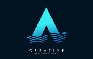 Blue A Letter Logo with Waves and Water Drops Design. vector