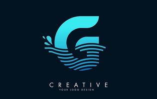 Blue G Letter Logo with Waves and Water Drops Design. vector