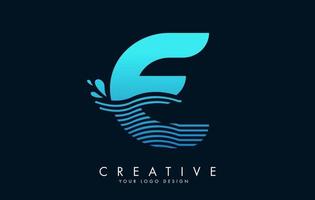 Blue E Letter Logo with Waves and Water Drops Design. vector