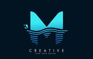 Blue M Letter Logo with Waves and Water Drops Design. vector