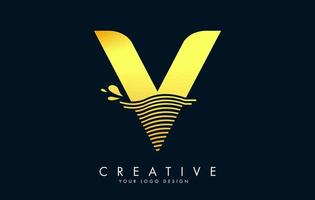logotipo de letra v dorada con diseño de ondas y gotas de agua. vector
