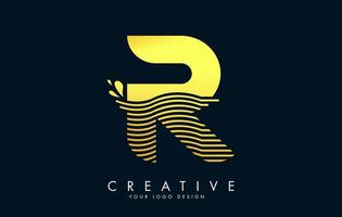 Golden R Letter Logo with Waves and Water Drops Design. vector