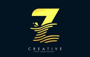 Golden Z Letter Logo with Waves and Water Drops Design. vector