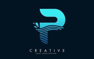 Blue P Letter Logo with Waves and Water Drops Design. vector