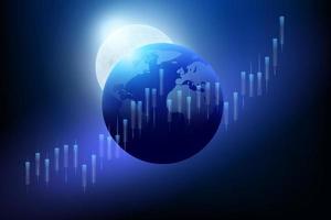 A high-tech hologram of the planet Earth against the background of the moon, with a glowing investment financial data vector diagram. Stock market chart with rising candles. infographic elements